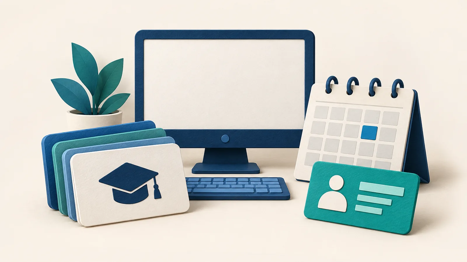 Illustration of a training folder, computer, calendar and blank badge.