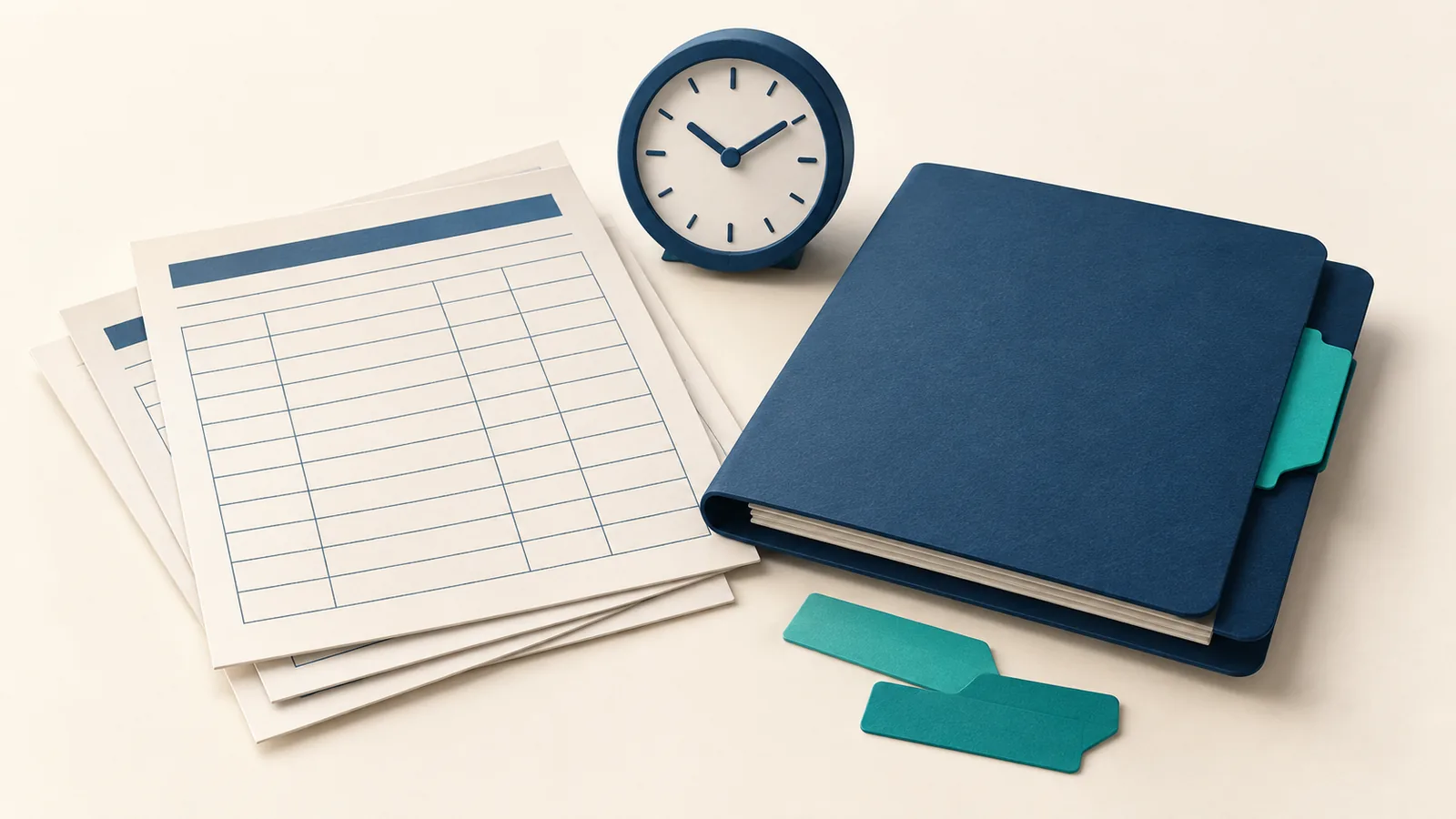 Illustration of blank time-record sheets beside a clock and document organizer.