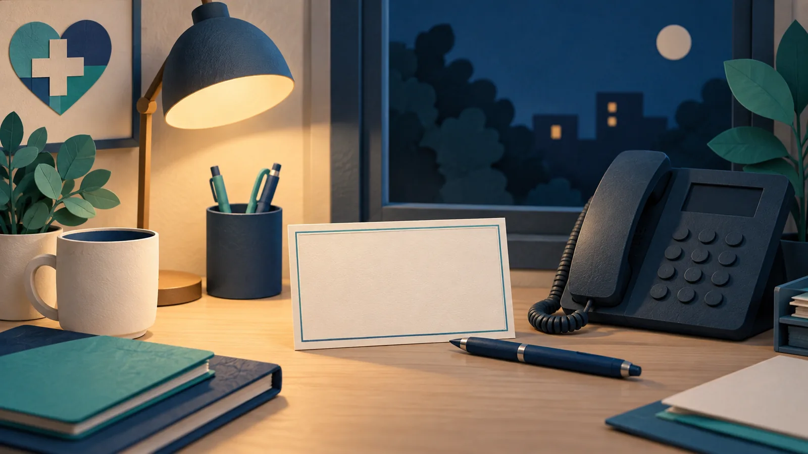 Illustration of a telephone and writing pad beside a moonlit window.