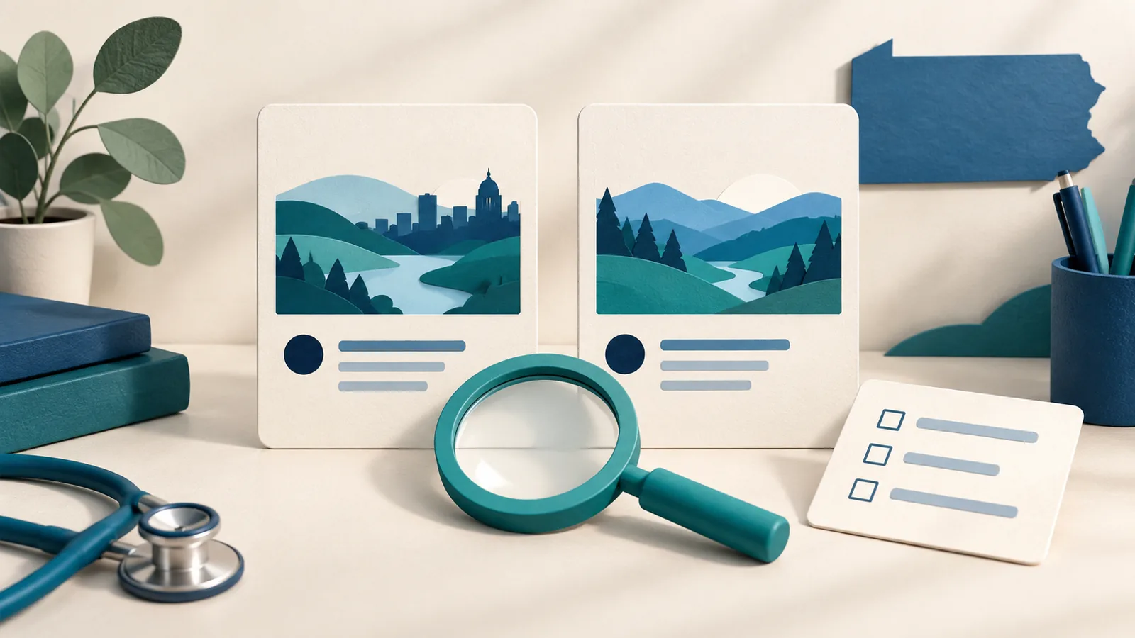 Illustration of opportunity cards, a map and a magnifying glass.