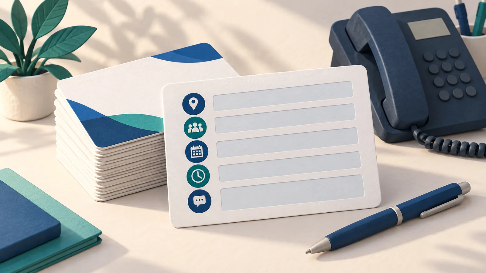 Illustration of a request card, stacked documents and desk telephone.