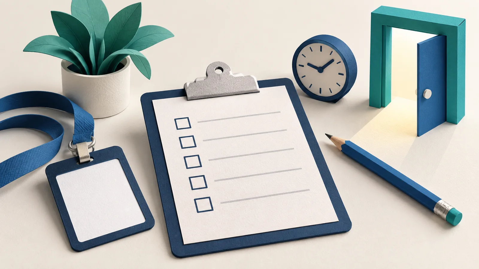 Illustration of a checklist, blank badge and doorway beside a clock.