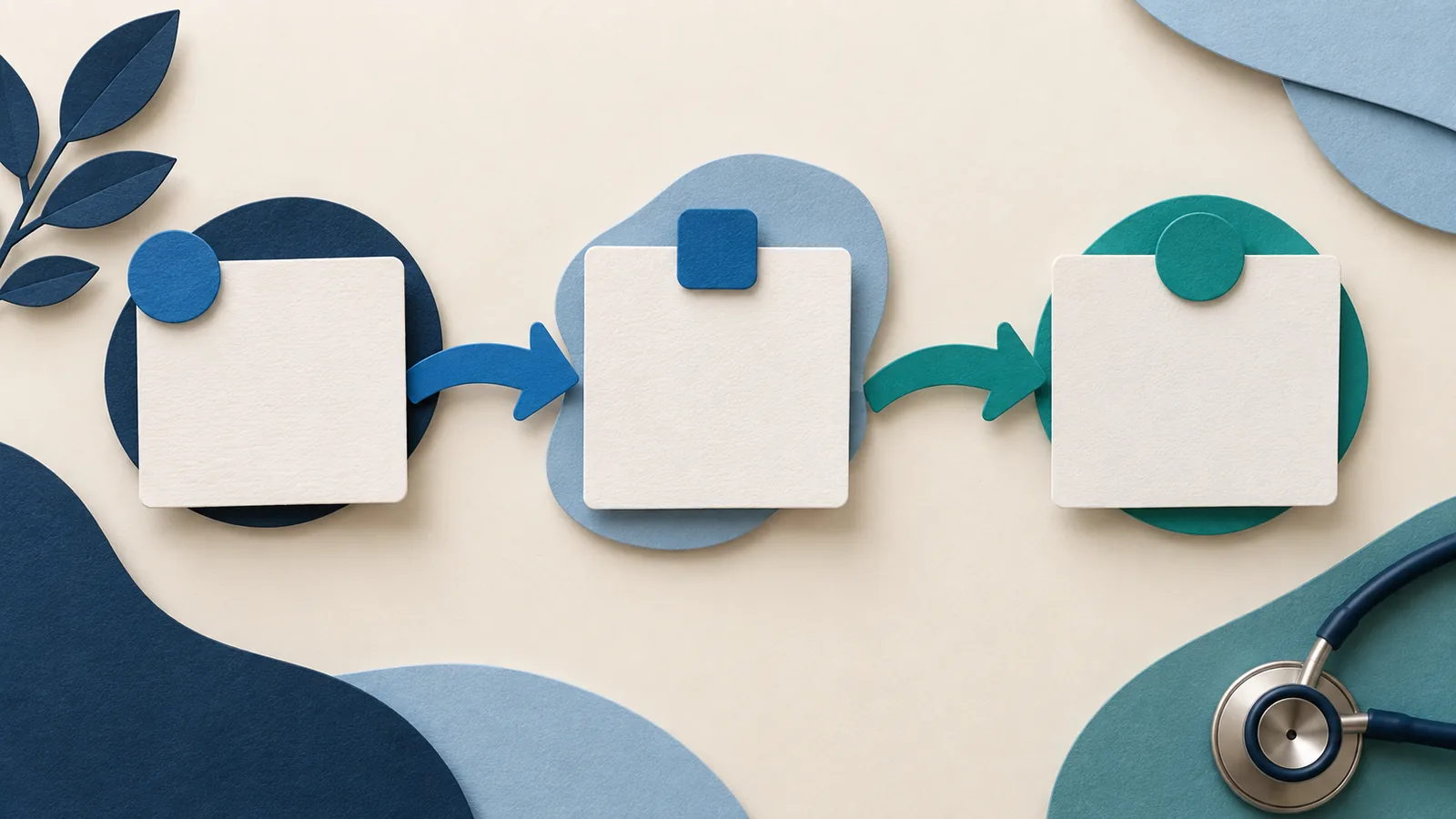 Illustration of three blank document cards connected by blue and teal arrows.