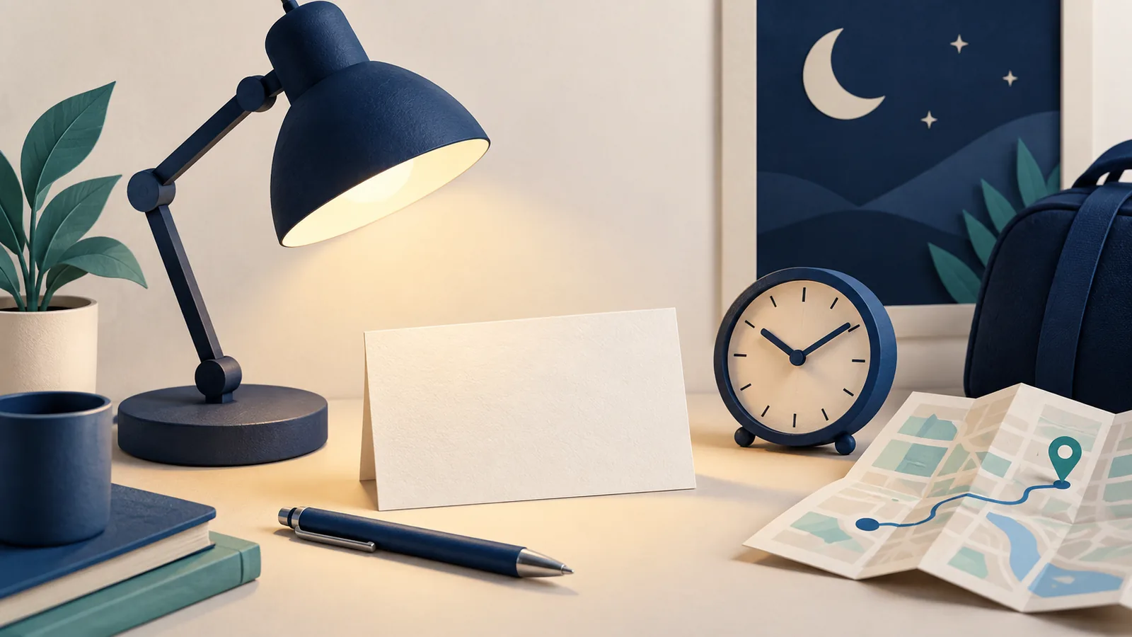 Illustration of a desk lamp, clock and map beside framed moon-and-star artwork.