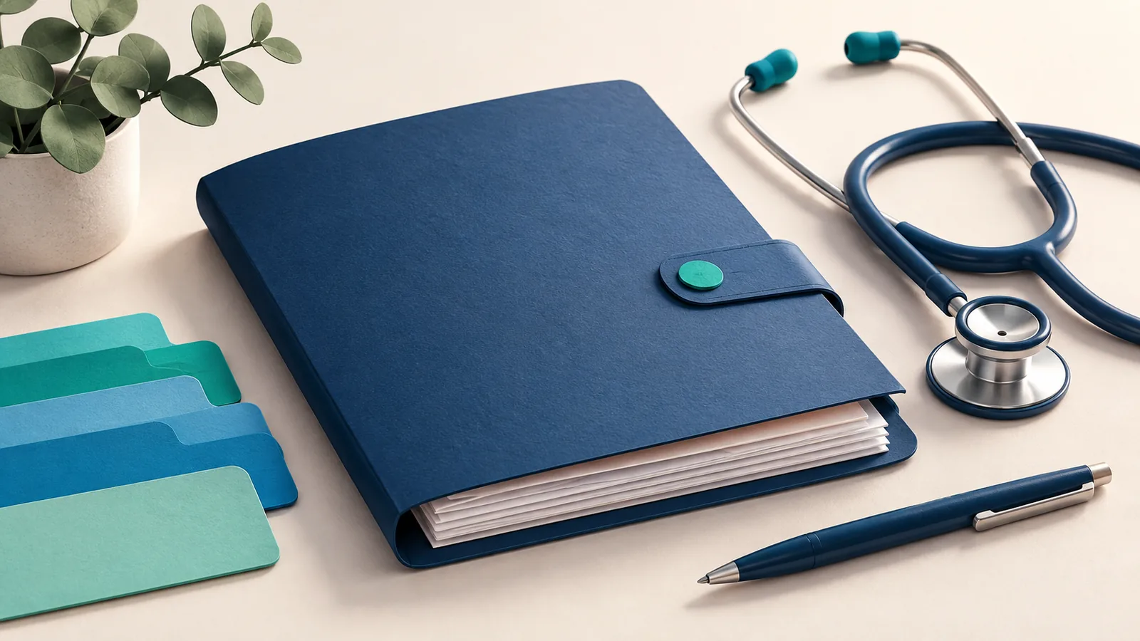 Illustration of a document organizer, folders and stethoscope.