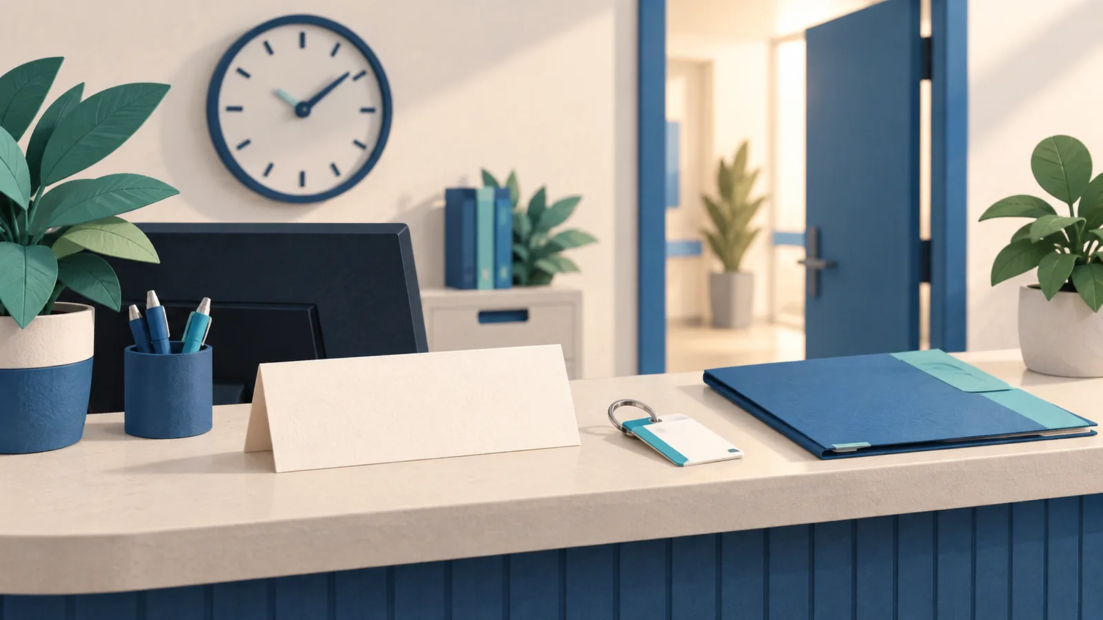 Illustration of a reception desk and open doorway with a clock and folders.