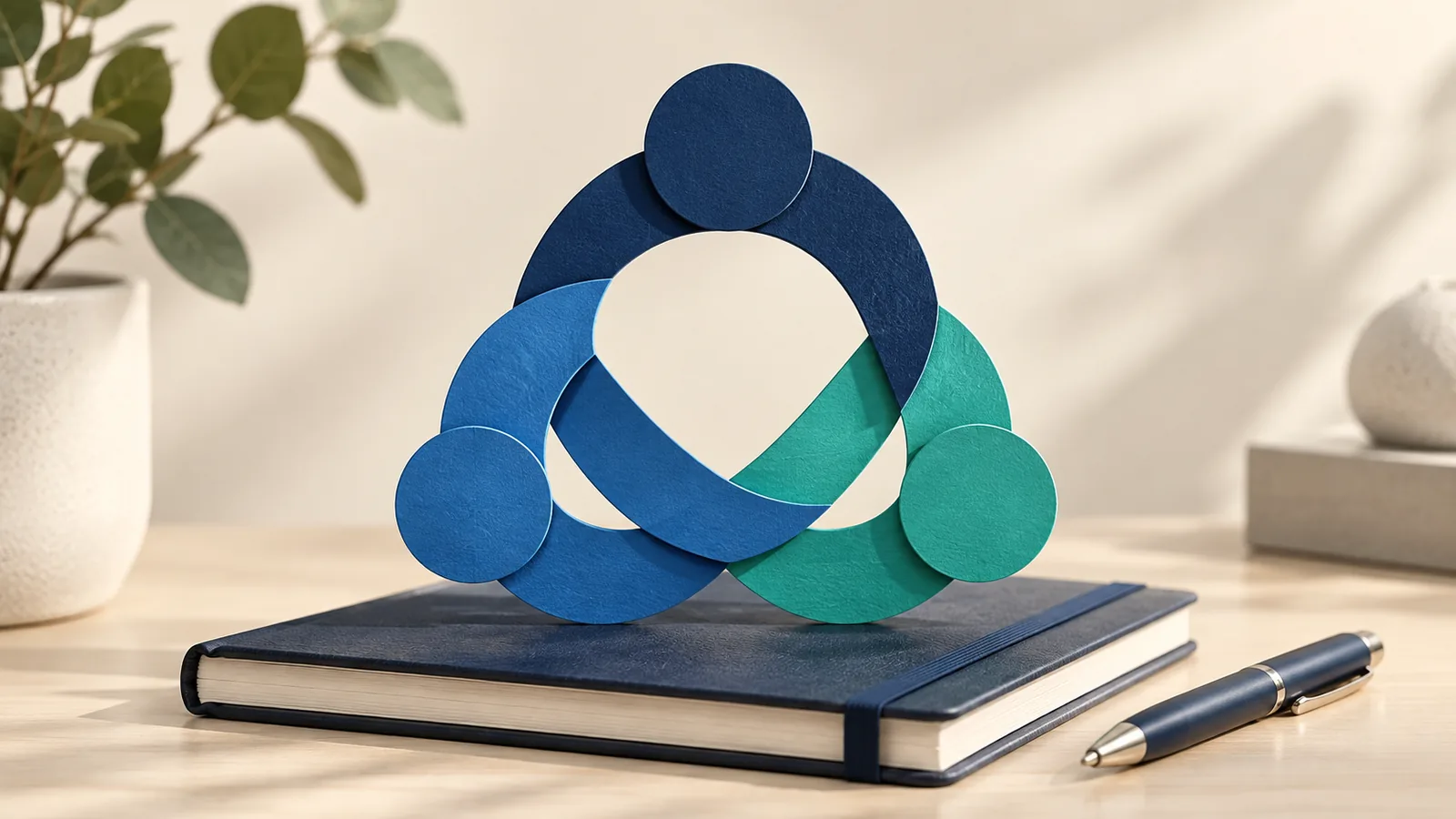 Illustration of three abstract figures forming a connected circle above books.