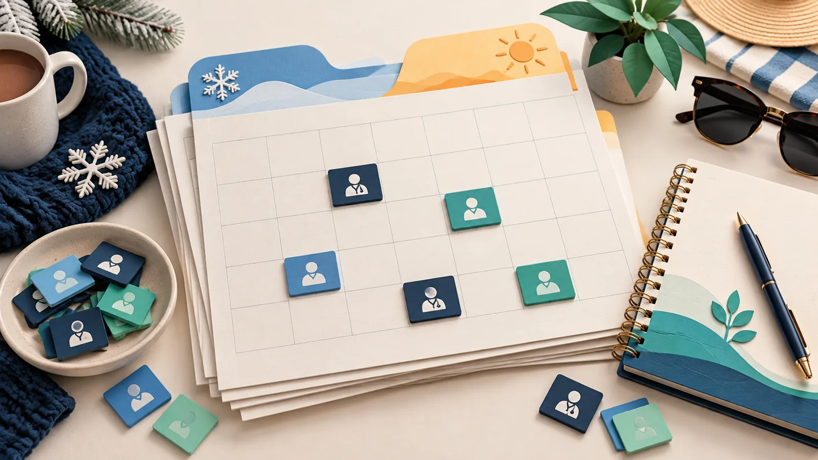 Illustration of a seasonal calendar with scheduling blocks and a notebook.