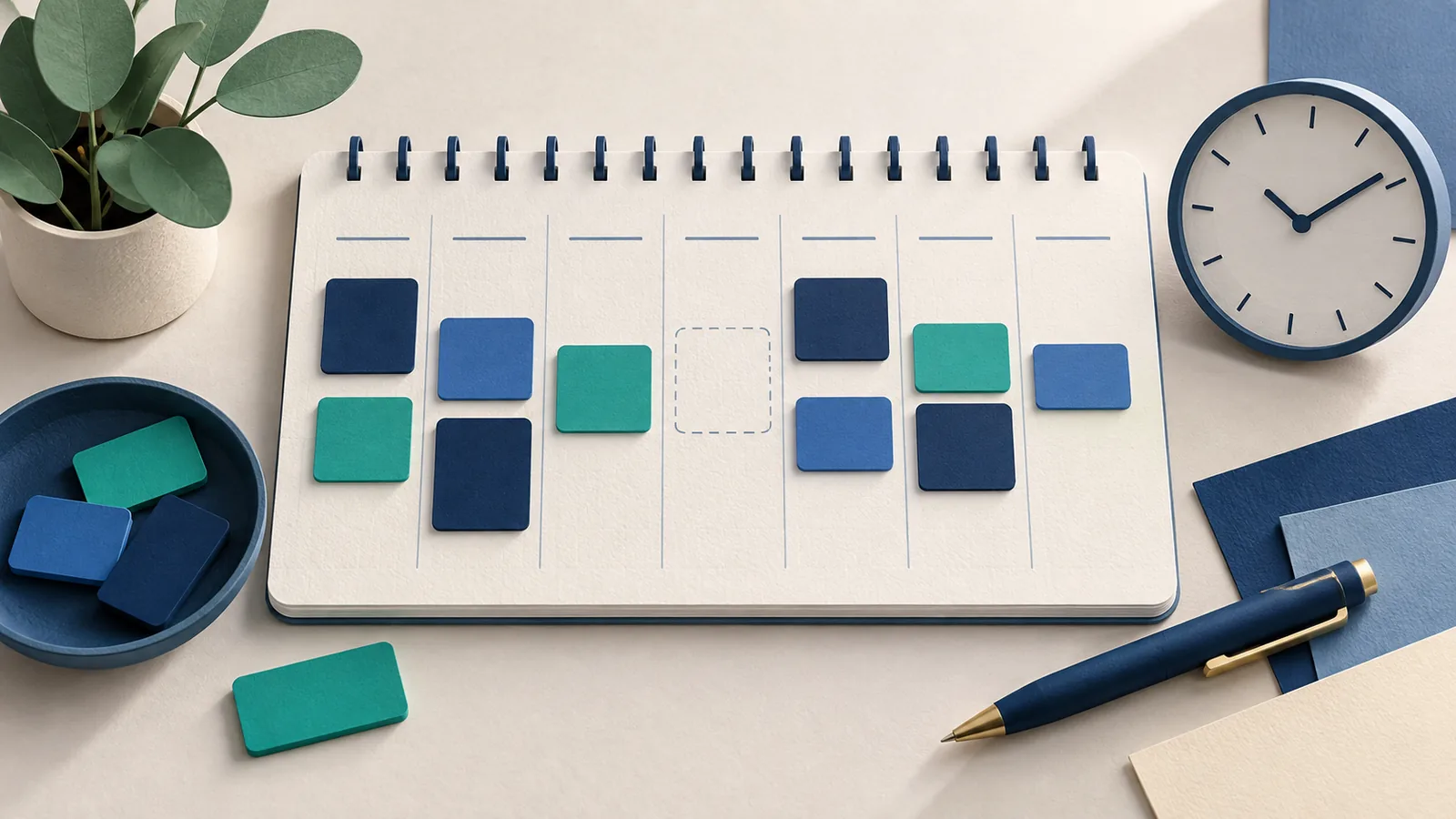 Illustration of a calendar with movable blue and teal schedule blocks.