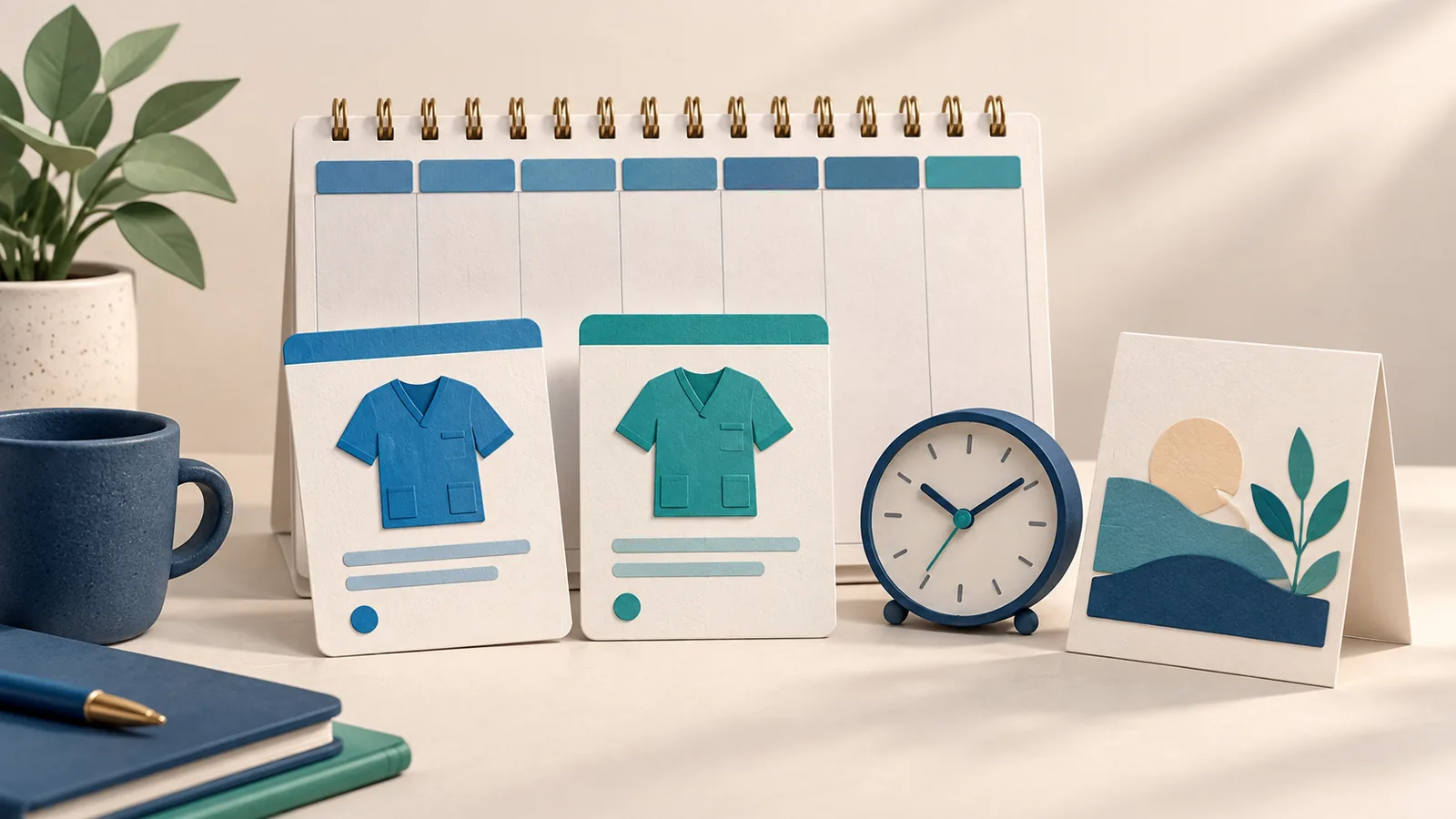 Illustration of a planning board with two scrub tops beside a clock and notebook.