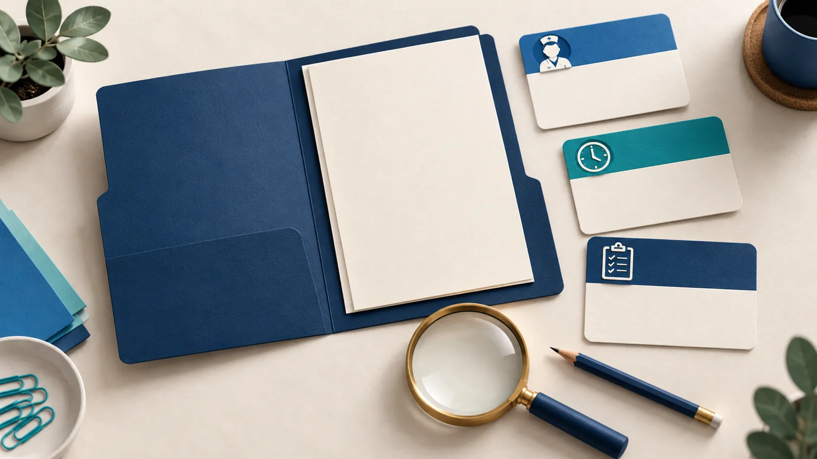 Illustration of a blank quote folder, notebook and detail cards under a magnifying glass.