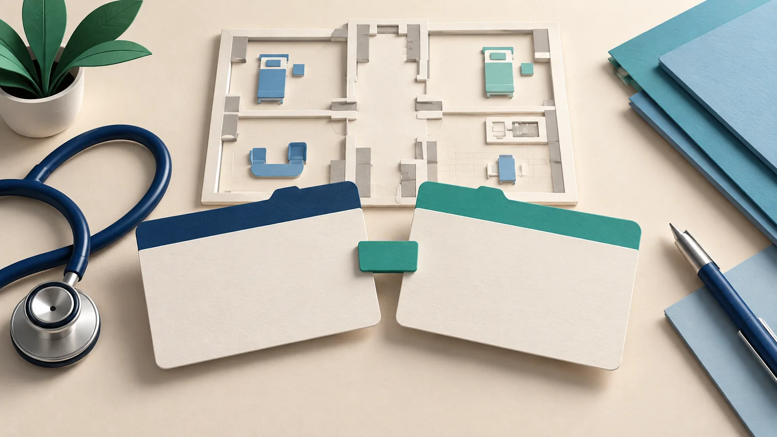 Illustration of two handoff folders below a simple floor plan.